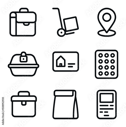 Last-Mile Delivery Icons. Outline icon set of last-mile delivery tools: delivery bag, hand trolley,