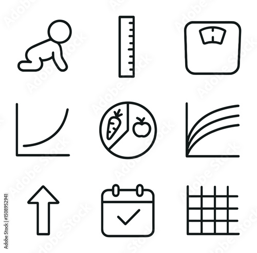 Growth and Nutrition Icons. Outline icon set of growth and nutrition chart: baby silhouette, height ruler, weight scale, BMI curve