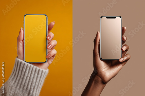 Minimal Touch: Elegant Women's Hand Holding Smartphone with Seamless Interface Glow photo