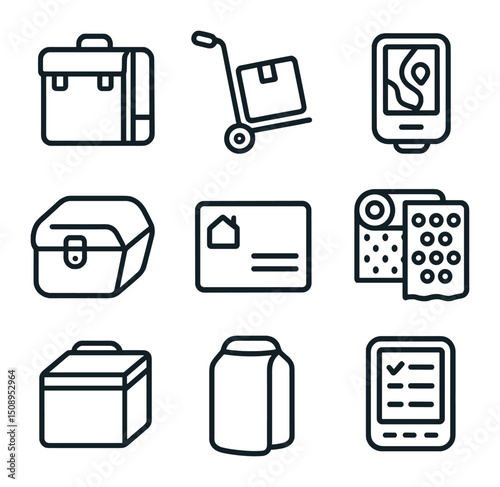 Last-Mile Delivery Icons. Outline icon set of last-mile delivery tools: delivery bag, hand trolley,