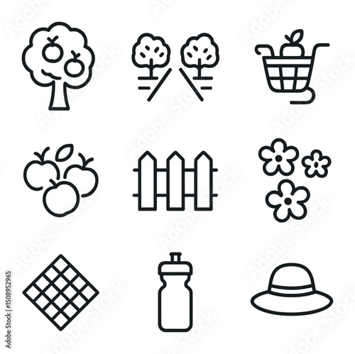 Orchard Tour Icons. Outline icon set of orchard cycling tour: apple tree, orchard row, bike basket, fruit cluster, picket fence,