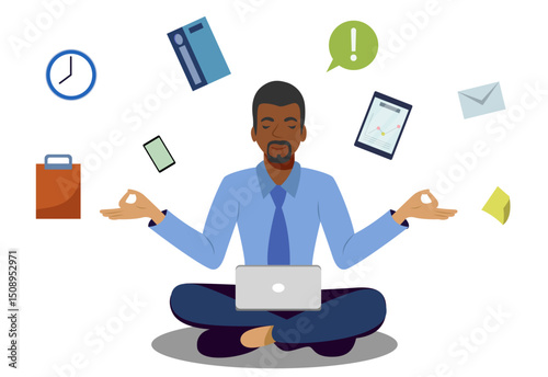 relaxed businessman doing yoga happy man wearing suit sitting lotus pose meditation office focus concentration on the job concept cartoon character