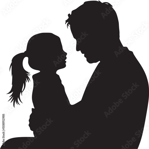 Silhouette of a father holding his daughter looking at each other with a white background image view