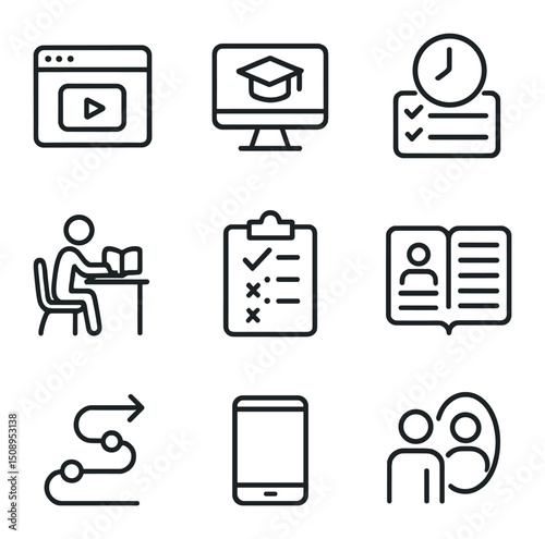 Learner Autonomy Icons. Outline icon set of learner autonomy: self-paced module, e-learning