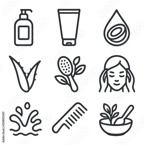 Organic Hair Icons. Outline icon set of organic hair treatments: shampoo bottle, conditioner tube, coconut oil droplet, aloe leaf,