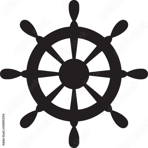 A stark black and white image featuring a ship's wheel with eight spokes on a plain background