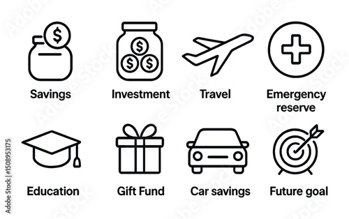 Financial planning icons for savings, investment, and travel concepts
