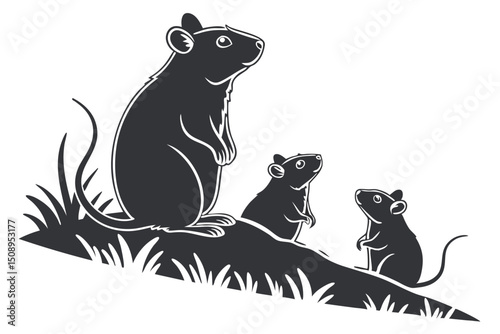 Black and white vector illustration of rats in the grass on hill