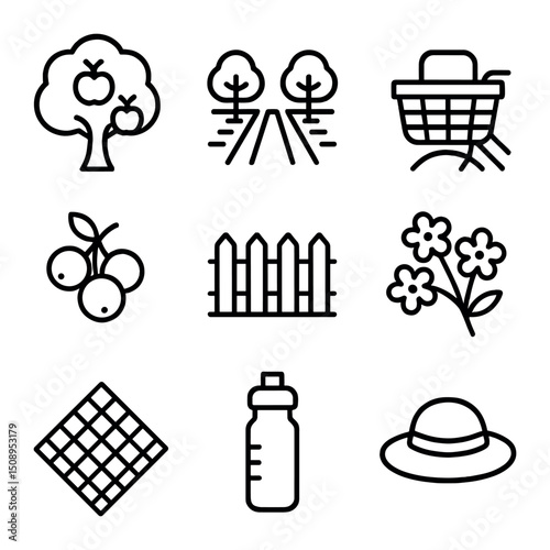 Orchard Tour Icons. Outline icon set of orchard cycling tour: apple tree, orchard row, bike basket, fruit cluster, picket fence,