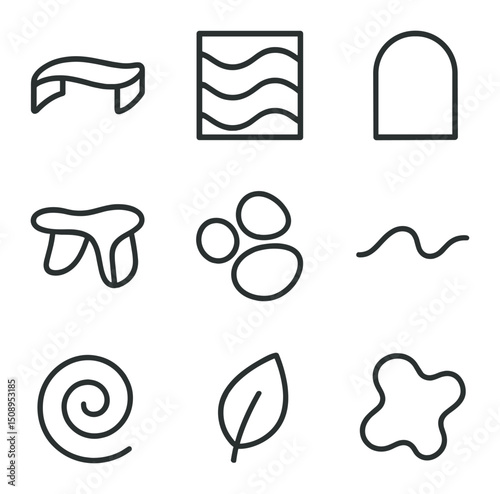 Organic Shape Icons. Outline icon set of organic shapes: curved bench, wave pattern panel, rounded archway, biomorphic table,