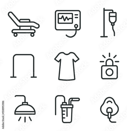 Labor Suite Icons. Outline icon set of labor and delivery suite: birthing bed, fetal monitor, IV drip, push bar, labor gown,