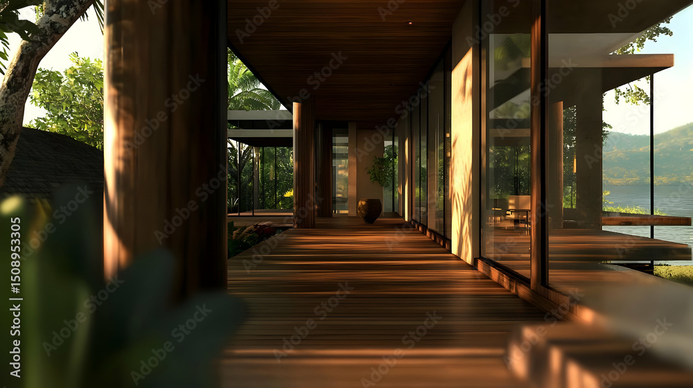 Wooden Corridor In Modern Tropical Home Exterior Wooden Corridor In Modern Tropical Home Exterior