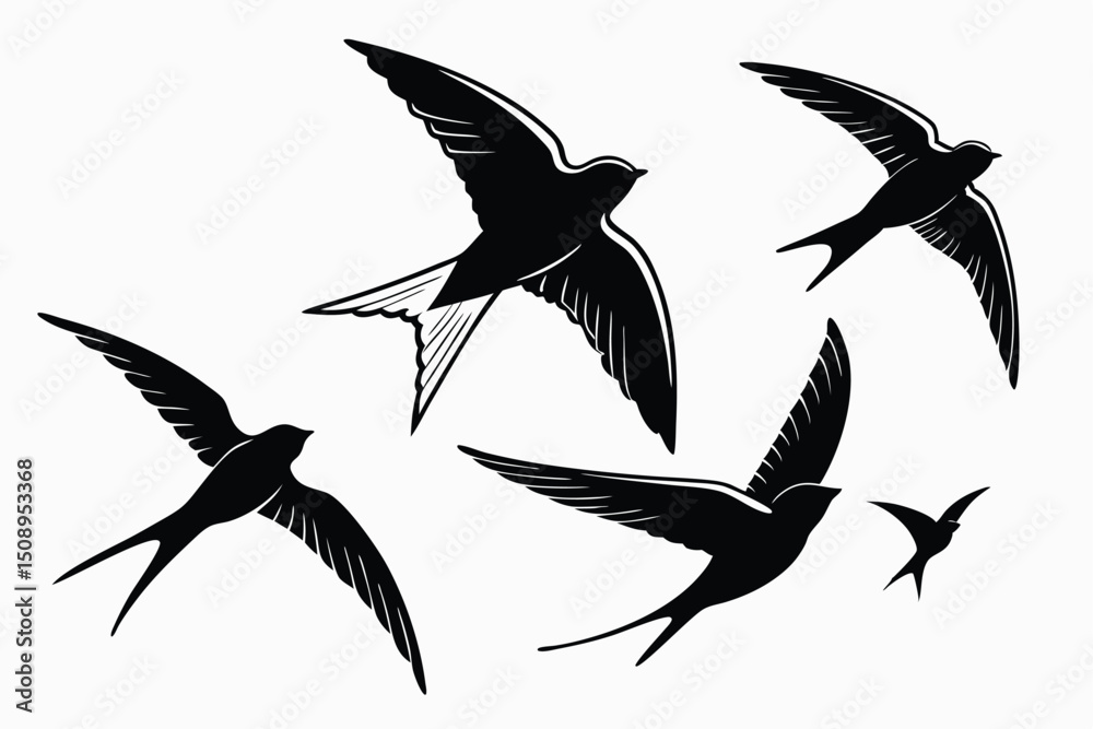 Obraz premium Black and white vector illustration of several flying swallows silhouette art