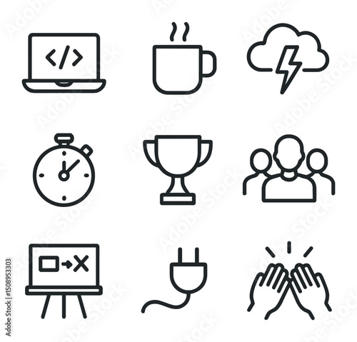 Hackathon Icon Set. Outline icon set of hackathon winning team: laptop with code, coffee mug, brainstorming cloud, timer clock,