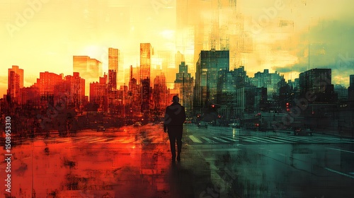 A solitary figure walks towards a city skyline, rendered in an abstract and artistic style. The warm hues transition to cooler tones, creating visual interest and depth within the cityscape art.