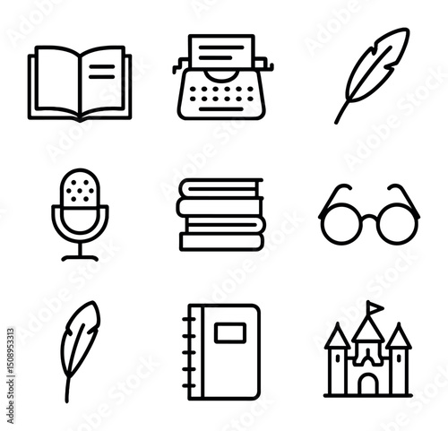 Literature Icons Grid. Outline icon set of literature and storytelling: open book, typewriter, quill