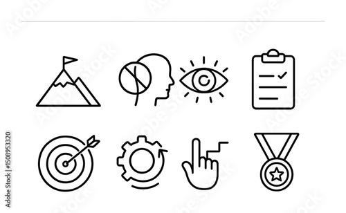 Business and achievement icons set featuring goals, ideas, and checklist