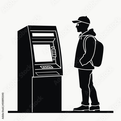 Young man using ATM machine while standing in casual clothing  