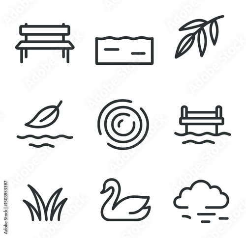 Lakeside Icons Collection. Outline icon set of lakeside bench retreat: park bench, still lake, overhanging branch, floating leaf,