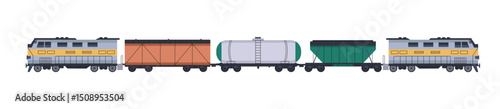 Freight locomotive engine side view. Goods train with different wagons: containers, tank. Cargo railroad transport. Rail vehicle for railway trucking. Flat isolated vector illustration on white