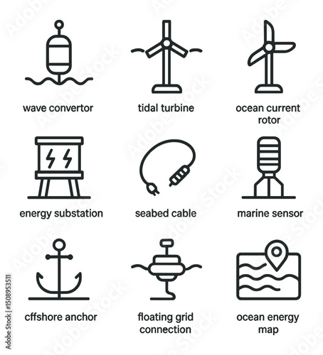 Marine Energy Icons. Outline icon set of marine renewable energy systems: wave converter buoy, tidal