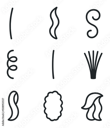 Hair Texture Icons. Outline icon set of hair texture types: straight strand, wavy lock, curly curl, coiled kink, fine strand,