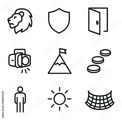 Overcoming Fear Icons. Outline icon set of overcoming fear: lion head, shield, open door, spotlight, mountain peak, stepping stone