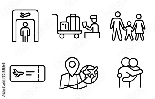 Travel and airport icons for family adventures and vacations
