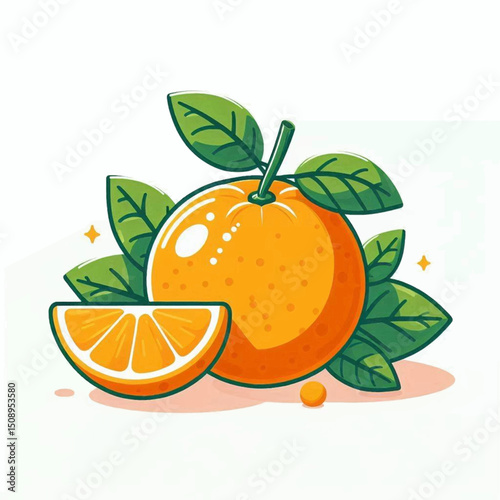 An illustration showcases an orange its slice surrounded by green leaves against a white backdrop