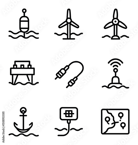 Marine Energy Icons. Outline icon set of marine renewable energy systems: wave converter buoy, tidal