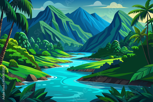 Amazing view of river in tropical green forest with mountains in illustration vector