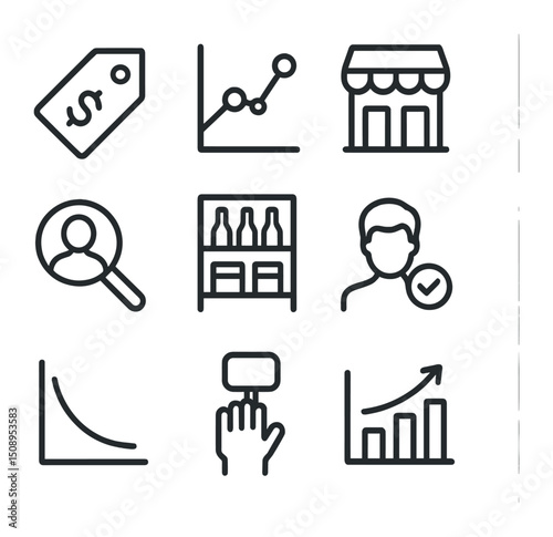 Market Competition Icons. Outline icon set of market competition: price tag, sales graph, store