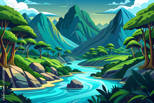 Amazing view of river in tropical green forest with mountains in illustration vector