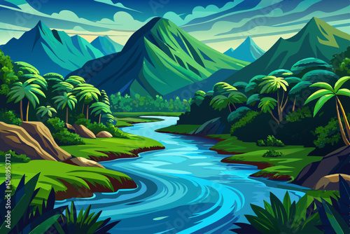 Amazing view of river in tropical green forest with mountains in illustration vector
