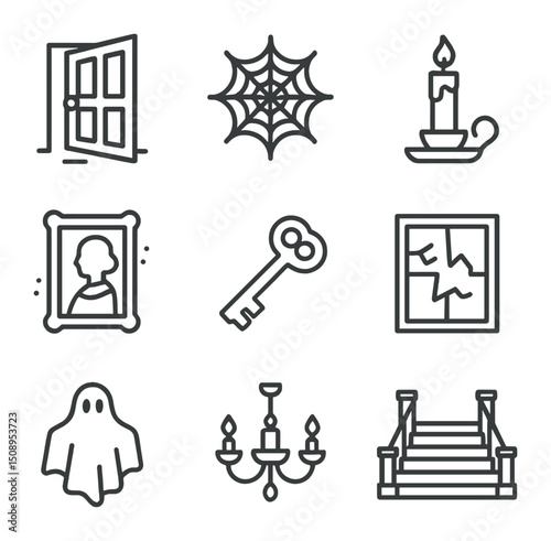 Haunted Mansion Icons. Outline icon set of haunted mansion mystery: creaking door, cobweb, flickering candle, dusty portrait,