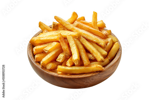 French fries on a wooden plate isolated on transparent background