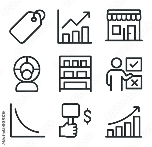 Market Competition Icons. Outline icon set of market competition: price tag, sales graph, store