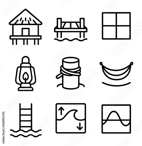 Overwater Bungalows Icons. Outline icon set of overwater bungalows: bungalow stilts, thatched roof, wooden walkway, glass floor