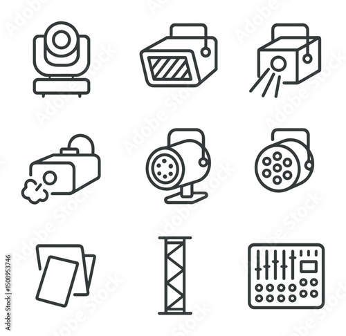 Lighting Icon Set. Outline icon set of lighting and effects: moving head light, strobe lamp, laser beam, fog machine, gobo