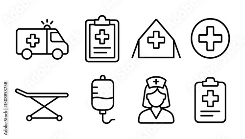 Medical icon set featuring ambulance, clipboard, tent, and nurse designs