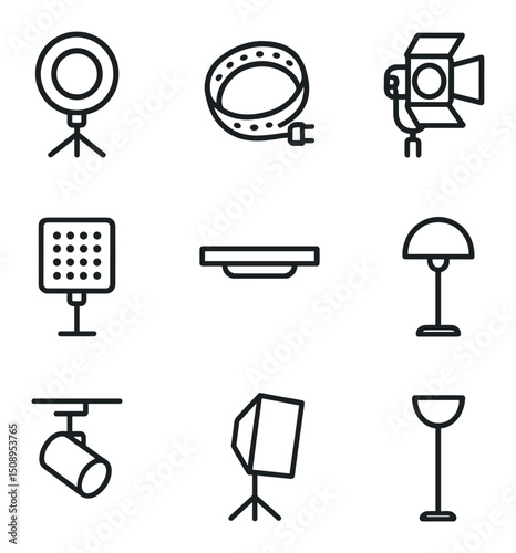 Lighting Icon Grid. Outline icon set of lighting setups display: ring light, LED strip, spotlight, backlight panel, under-shelf