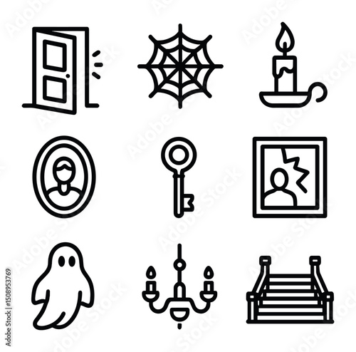 Haunted Mansion Icons. Outline icon set of haunted mansion mystery: creaking door, cobweb, flickering candle, dusty portrait,
