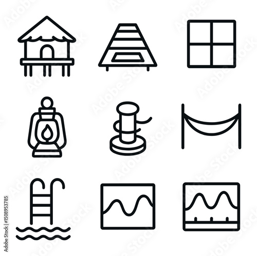 Overwater Bungalows Icons. Outline icon set of overwater bungalows: bungalow stilts, thatched roof, wooden walkway, glass floor