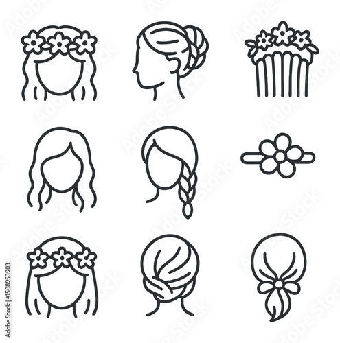 May Hairstyle Icons. Outline icon set of May hairstyles and accessories: flower crown, braided bun,