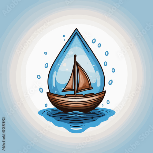 Sailboat inside a water droplet with waves and bubbles in a playful style, logo concept
