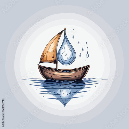 Sailboat with a water droplet and raindrops reflecting in calm water, minimalist illustration