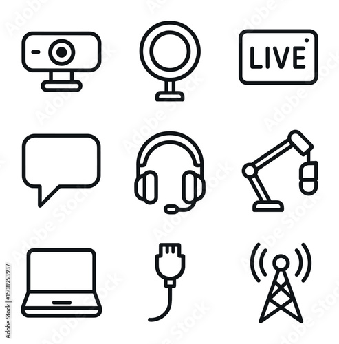 Live Streaming Tools Icons. Outline icon set of live streaming setup: webcam, ring light, streaming icon, chat bubble, headphones,