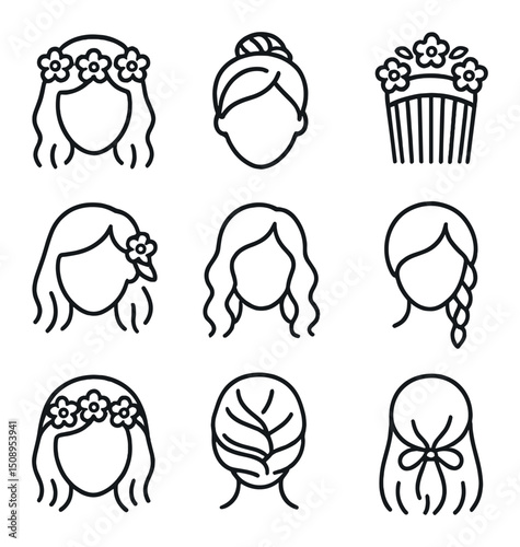 May Hairstyle Icons. Outline icon set of May hairstyles and accessories: flower crown, braided bun,
