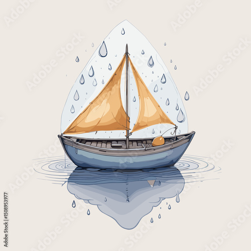 Sailboat under raindrops reflecting in calm water with a soft background, minimalist design