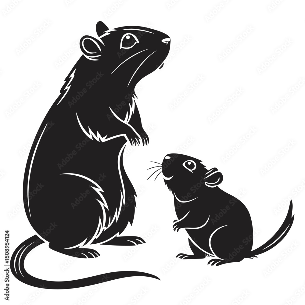 Fototapeta premium Black silhouette illustration of two mice standing on white background vector